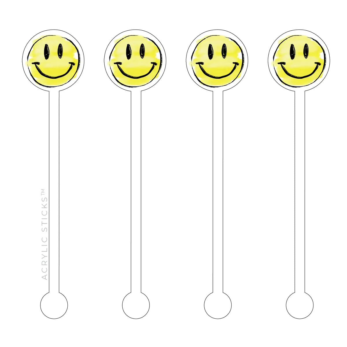 Smiley face acrylic stir sticks with yellow circular heads on white handles.