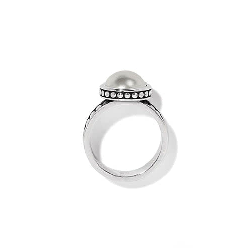 Pebble Dot Pearl Wide Band Ring with a silver-plated finish and a glass pearl cabochon.