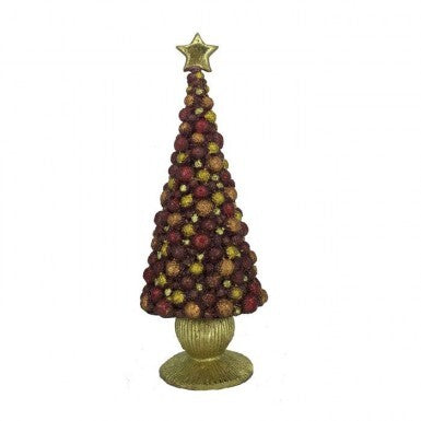 Resin beaded ball cone tree with a gold star topper and base, featuring red and gold ornaments.