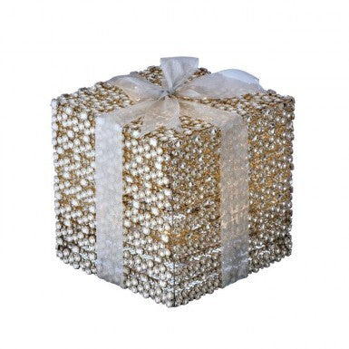 LED battery-operated gift box covered in faux diamonds with a white ribbon and bow.