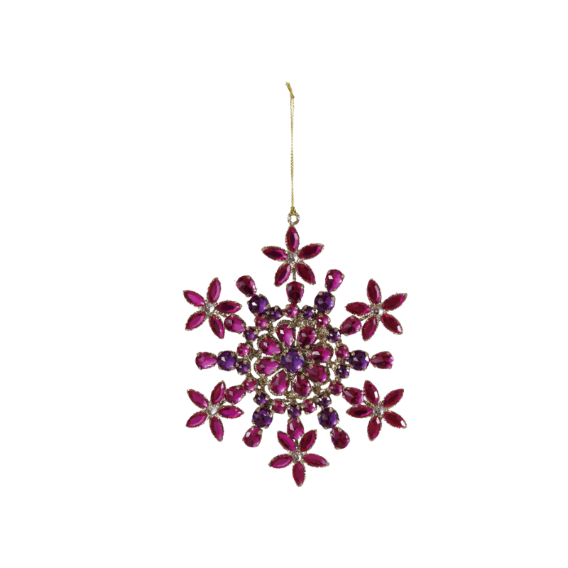 Metal snowflake ornament with pink and purple acrylic jewels and a gold hanging string.