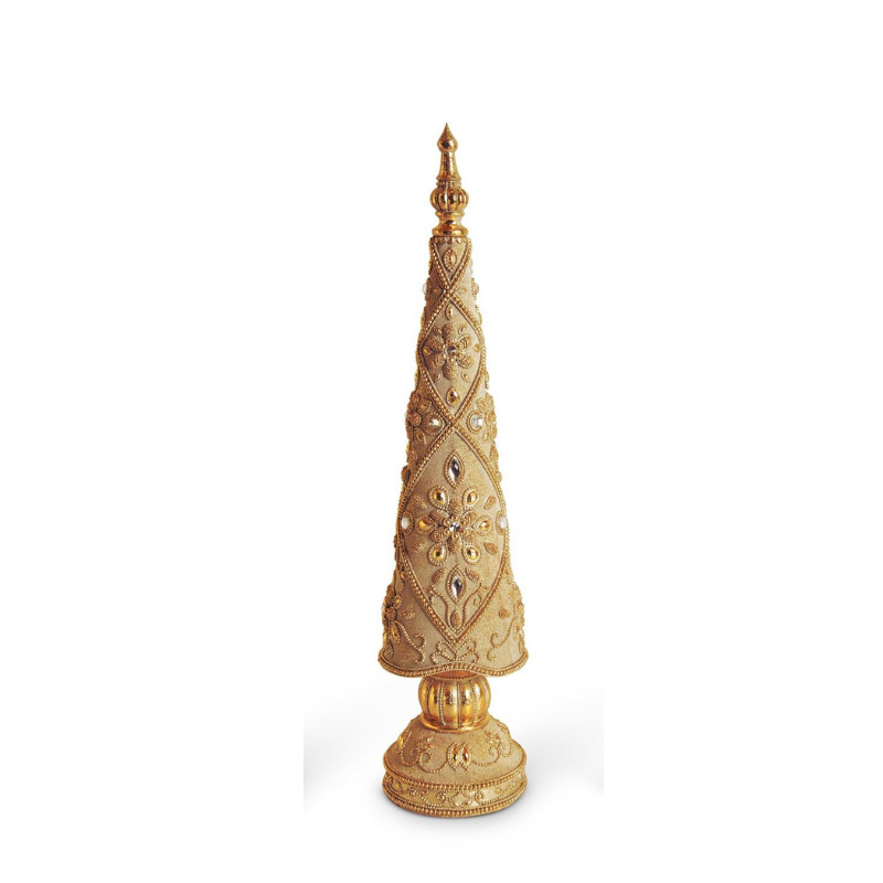 Antique gold resin jeweled Christmas tree with intricate gilded textures and a decorative base.