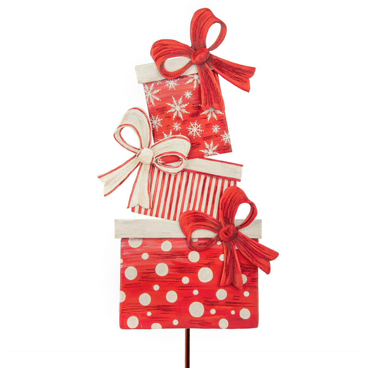 Red and white gift topiary stake with a classic round shape.