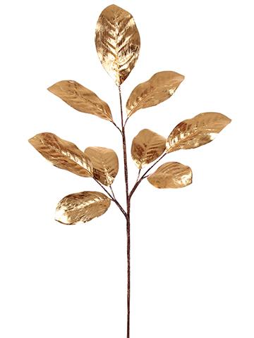 33-inch gold magnolia leaf spray with metallic finish on a brown stem.