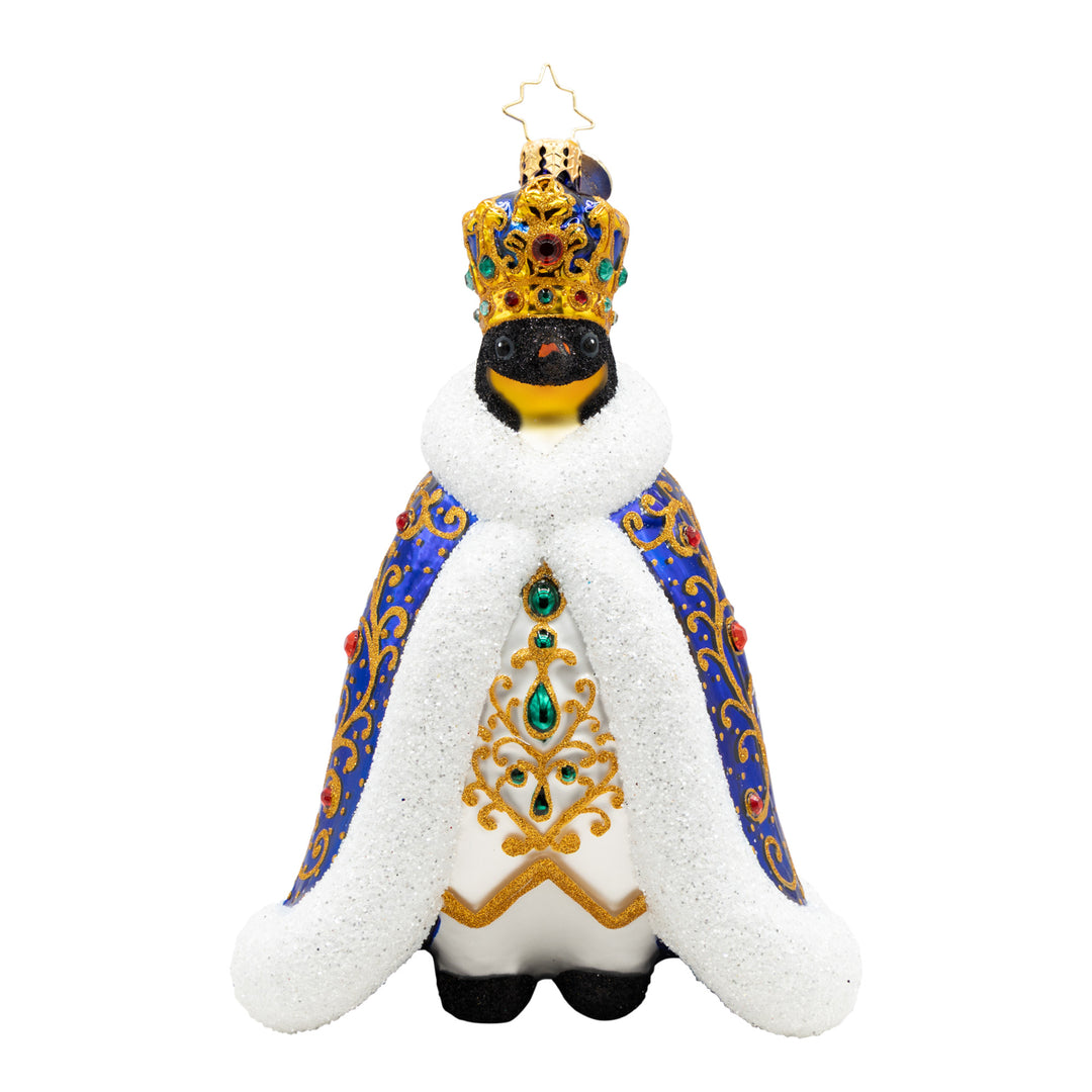 Emperor of the North penguin ornament in a blue jeweled cloak and golden crown.