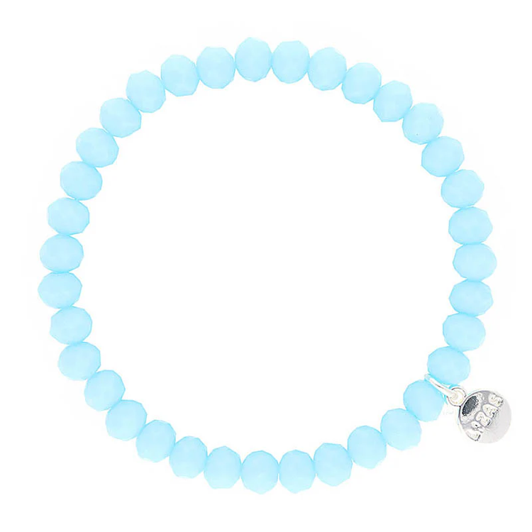 Lizas light blue crystal bead stretch bracelet with a silver logo charm.