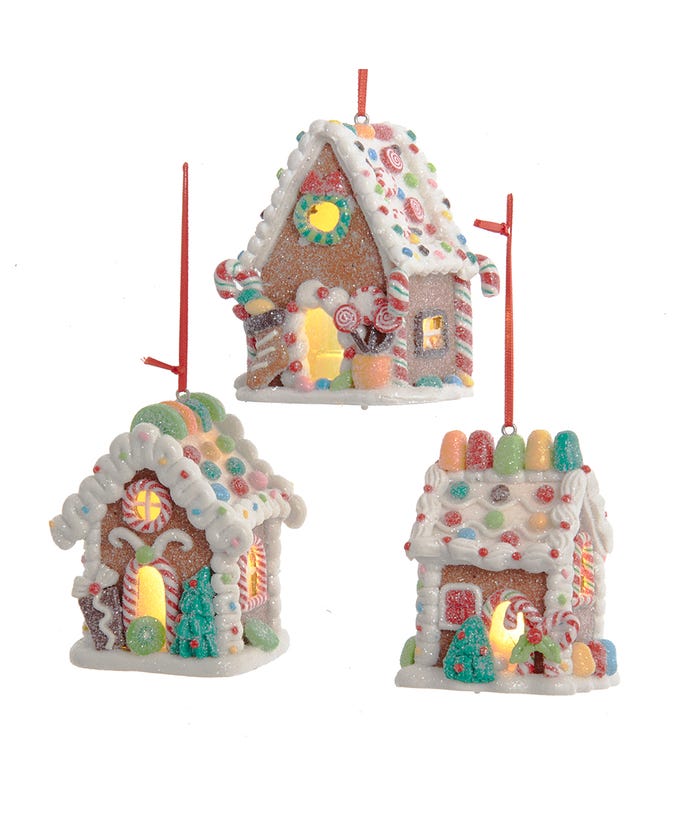 Clay dough gingerbread house ornament with glitter dusting and battery-operated LED lights