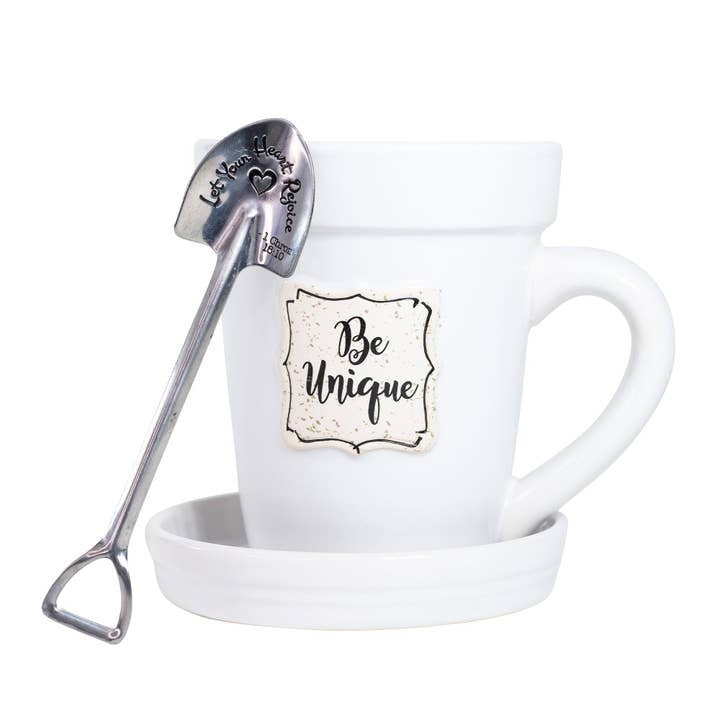 White ceramic flower pot mug with saucer lid and stainless steel garden spade spoon featuring scripture verse.