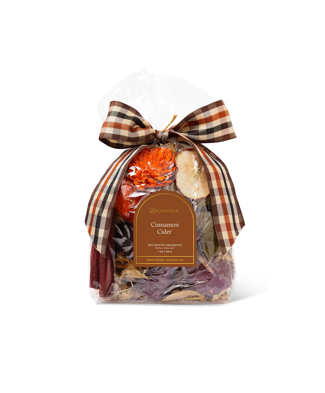 Cinnamon Cider potpourri in a clear bag with a plaid bow, featuring cinnamon sticks and dried fruit.