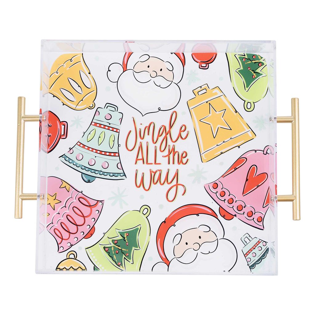 Square acrylic tray with gold handles featuring Santa and bell illustrations and festive text.