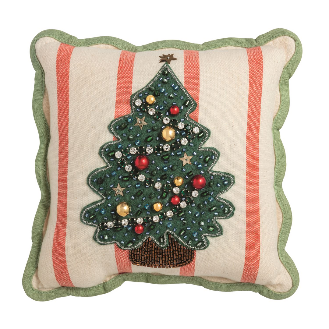 8x8 striped cotton pillow with a beaded Christmas tree icon and green scalloped edge.
