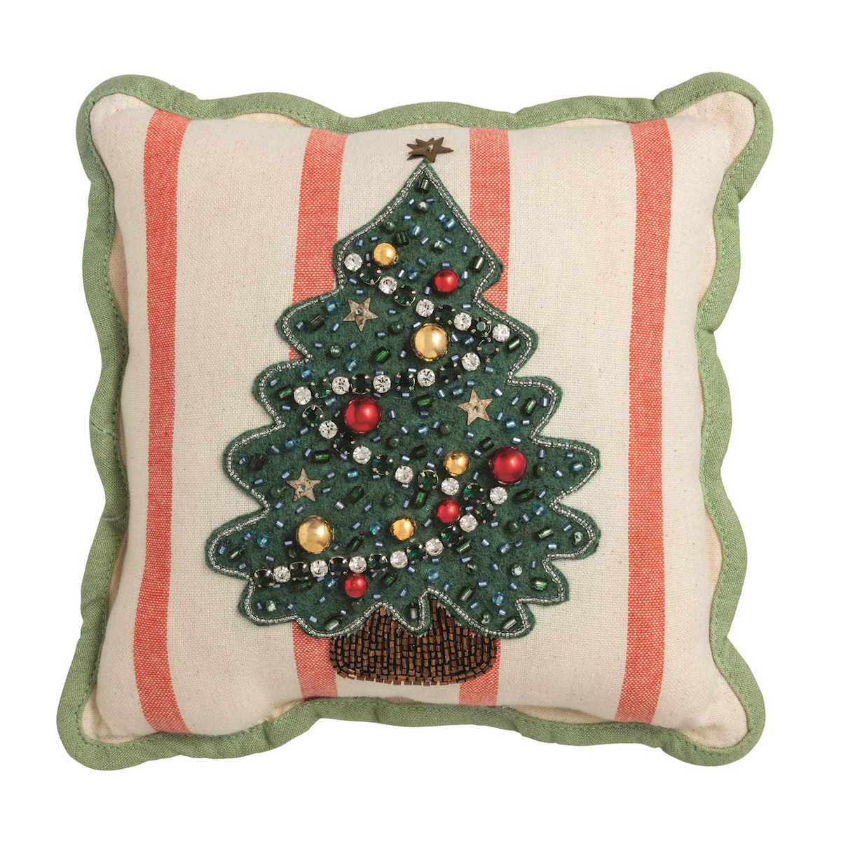 8x8 striped cotton pillow with a beaded Christmas tree icon and green scalloped edge.
