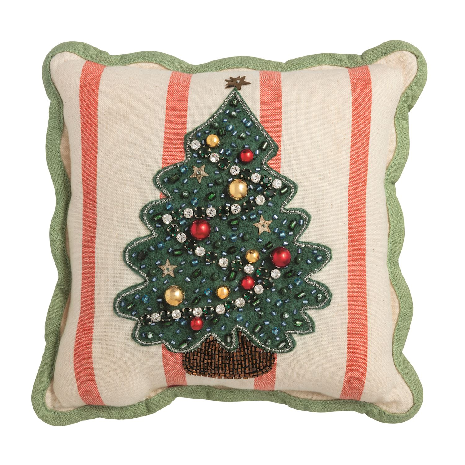 8x8 striped cotton pillow with a beaded Christmas tree icon and green scalloped edge.