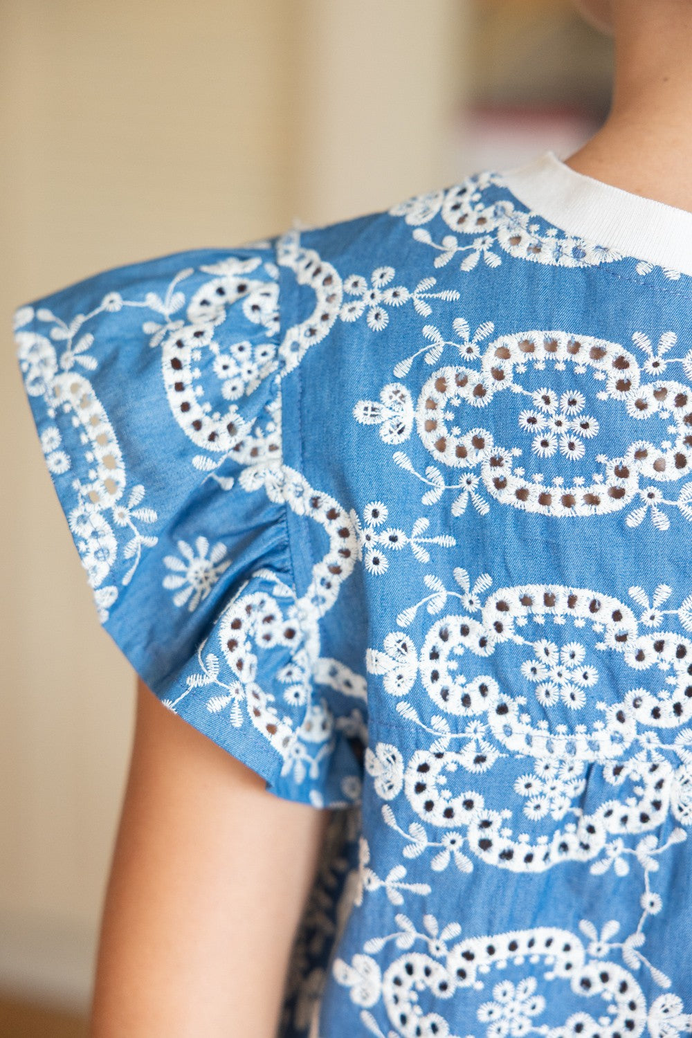 Alisson Ruffle Sleeve Embroidered Chambray Top