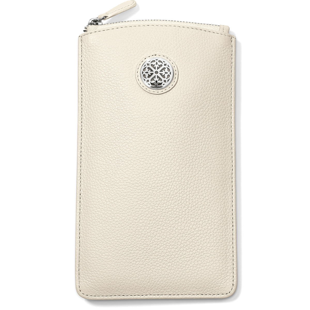 Leather eyeglass pouch with ziptop closure and one exterior pocket.