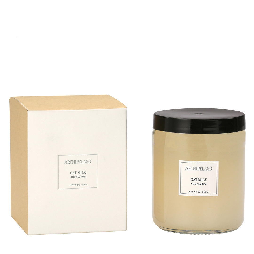 White jar of Oat Milk Body Scrub with Wild Oats scent
