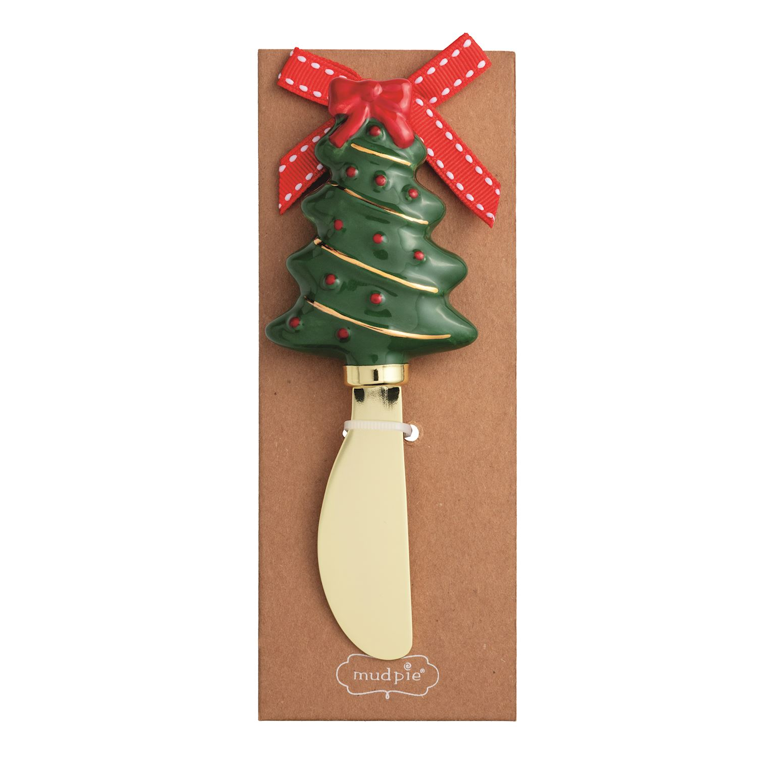 Whimsy Christmas spreader with a green ceramic tree handle and gold blade on a brown card.
