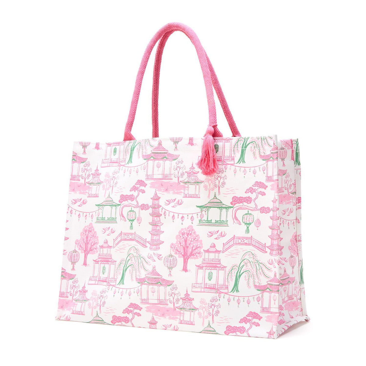 Mahjong block print tote bag in beige canvas with black geometric tile pattern.