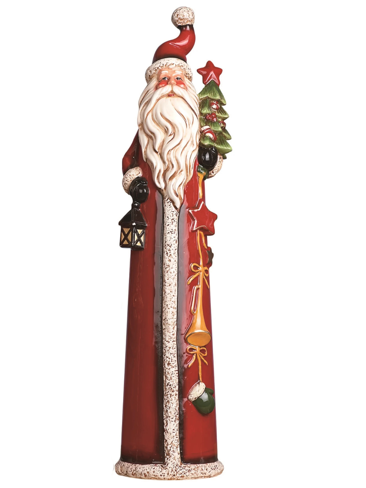 Tall, slender dolomite Santa figurine in a red robe holding a lantern and a small Christmas tree.