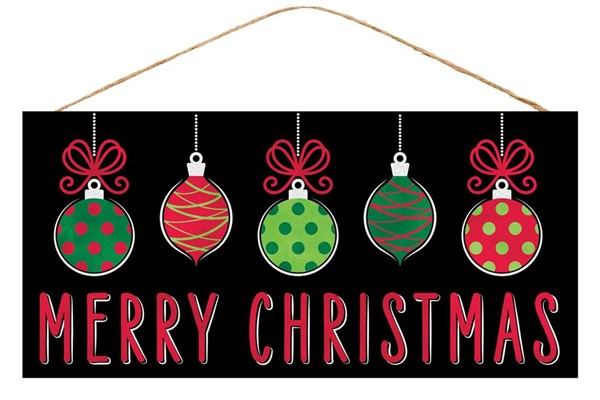 Retro Merry Christmas sign with five colorful polka-dot and striped ornaments on a black background.