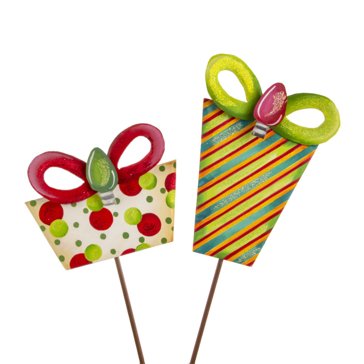 Merry & Bright gift box with custom holiday patterns and Christmas bulb accents in a stakeable silhouette.