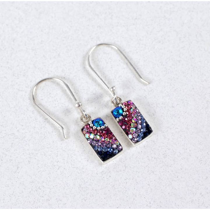 Petite Sparkle Streak Earrings with multi-color Austrian crystals in a silver rectangular setting.