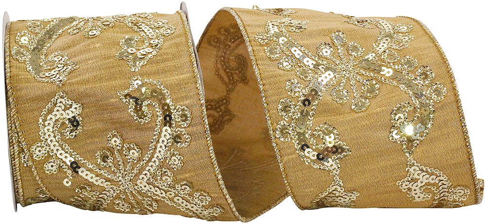 Gold Dubai sequin wired edge ribbon with intricate floral embroidery and shimmering sequins.