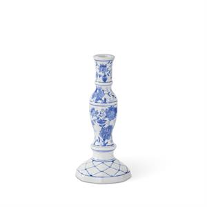 Blue and white ceramic taper candleholders with chinoiserie floral patterns in tapered silhouette.