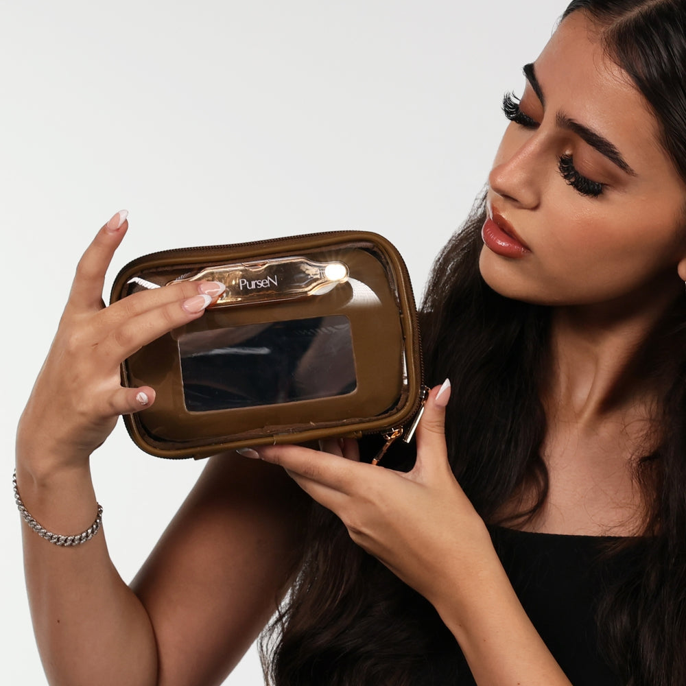 Vegan leather lighted mirror case with clear front pockets and elastic storage
