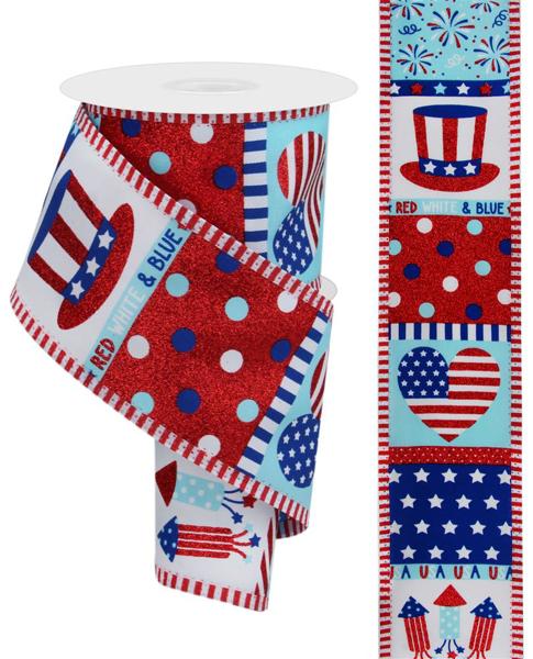 White polyester ribbon with red and blue thin stripes in a patriotic pattern.