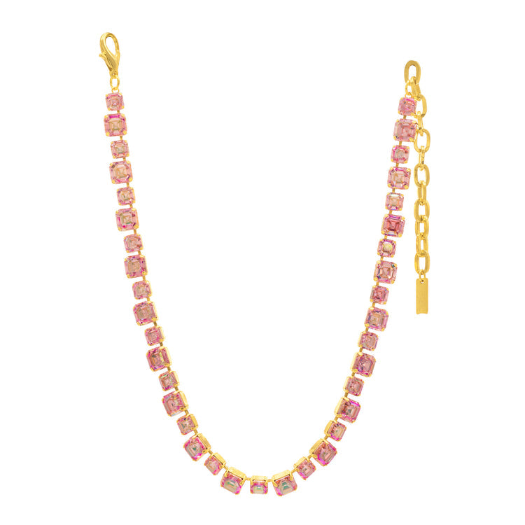 Jadia necklace in light rose glimmer with gunmetal-plated brass base and high-quality crystals on a 16-inch chain.
