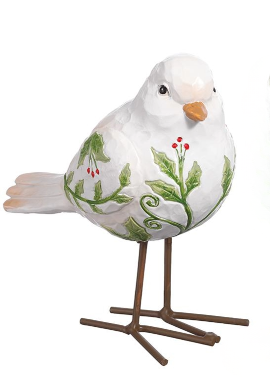 6-inch white bird figurine with green holly leaves and red berries, standing on thin brown legs.