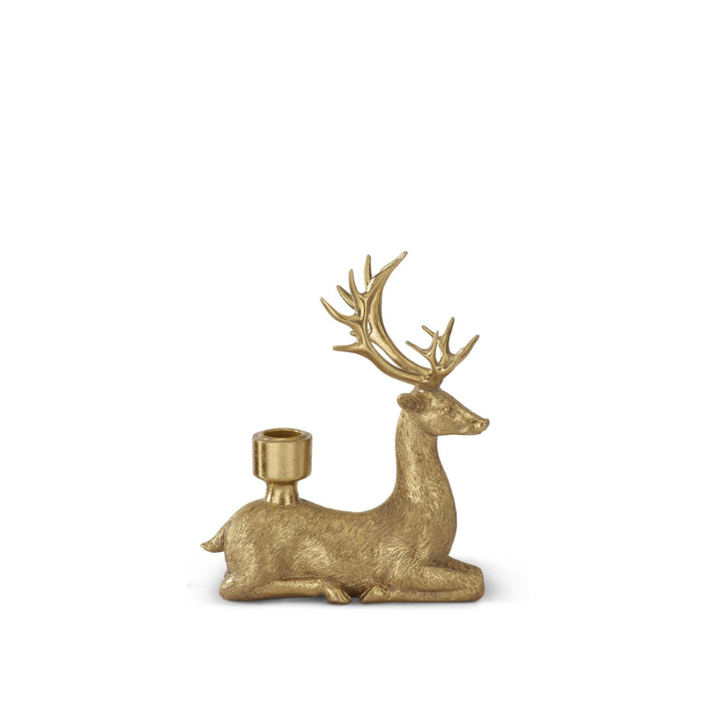 Gold resin deer taper candleholder in a resting pose with large antlers and a single candle cup.