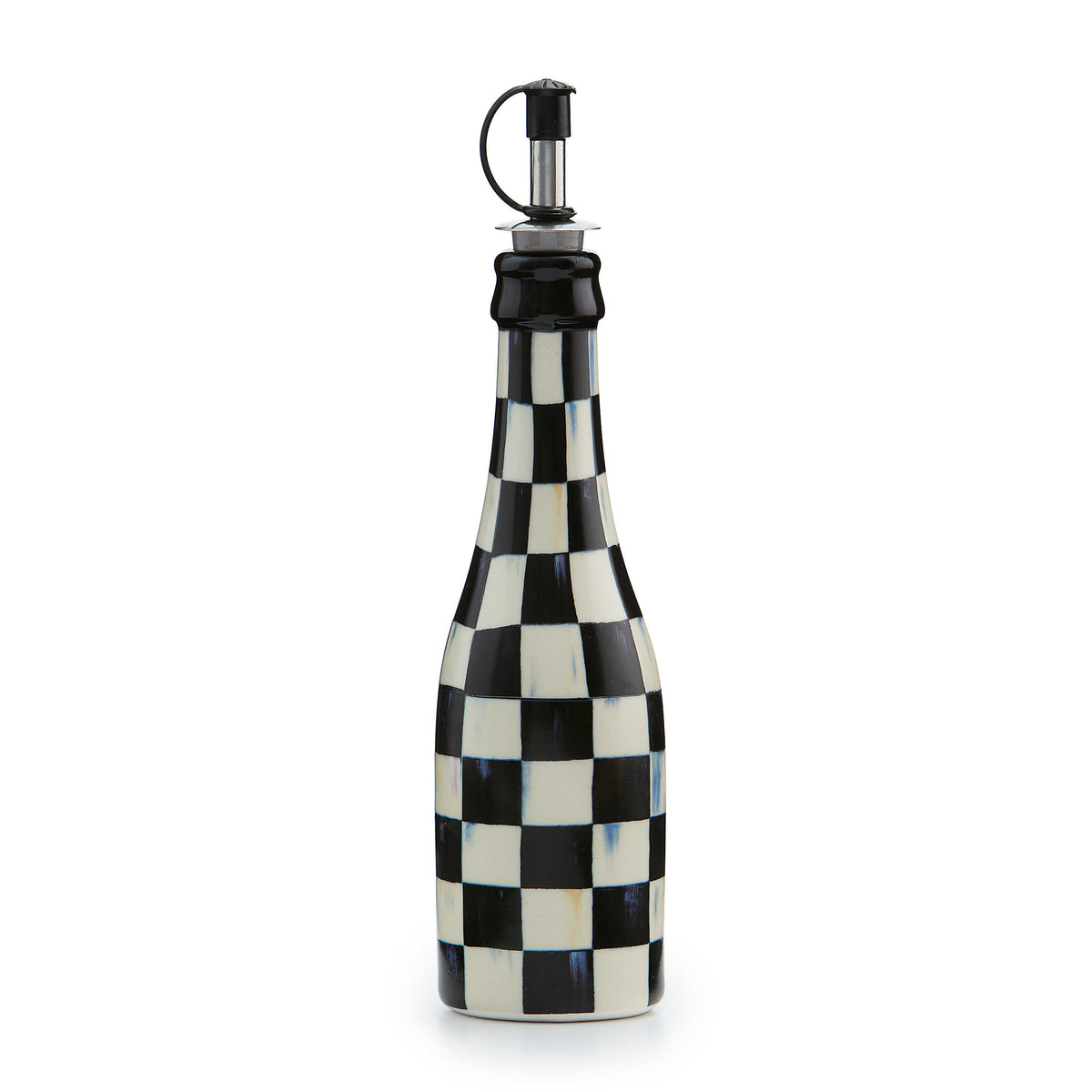 Courtly Check Farmhouse Oil Cruet with a black and white checkered ceramic body and metal pourer.