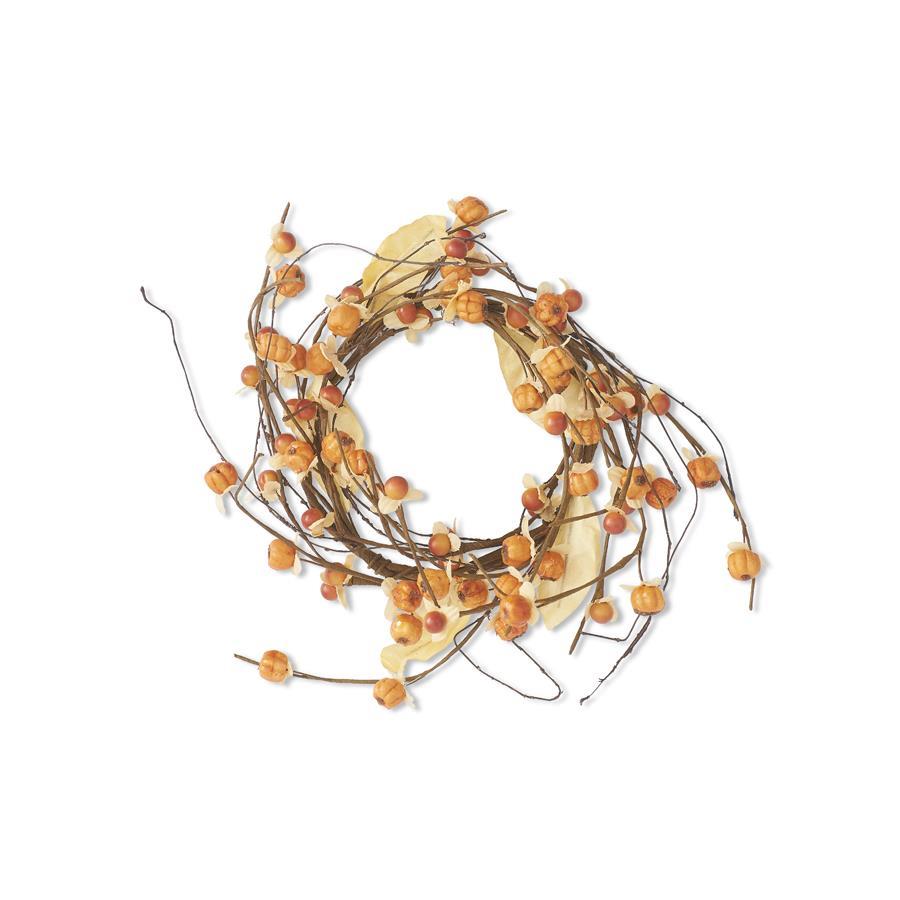 8-inch candle ring with orange bittersweet berries and mini pumpkins on a brown twig base.
