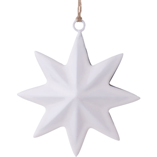 4-inch white enamel cast metal ornament shaped as an eight-point three-dimensional star.
