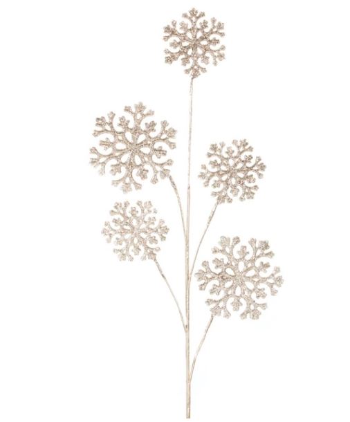 Champagne gold glitter snowflake spray with five branching snowflake accents on a single stem.