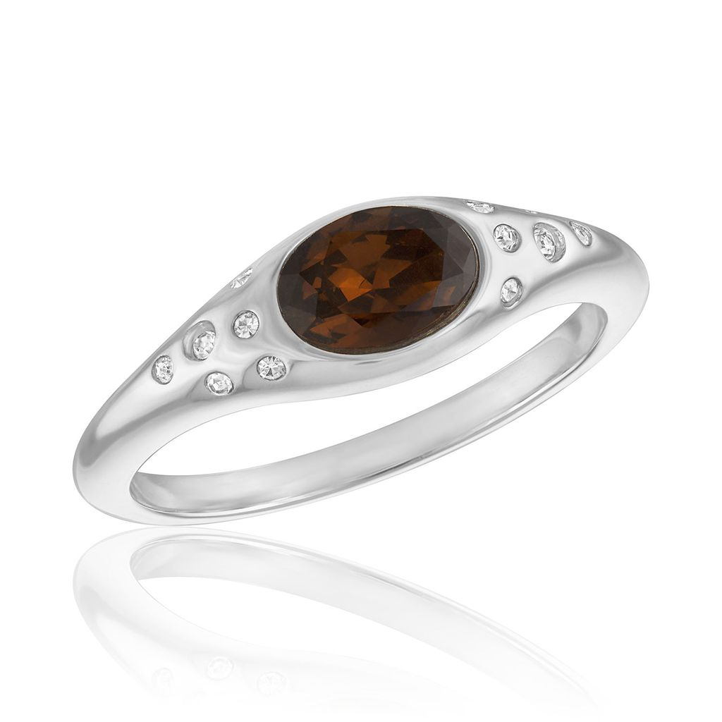 Burgundy Oval Accent Stack Ring in silver with small clear stones on the band.