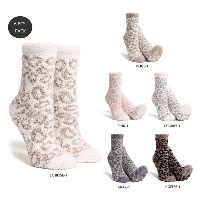 Leopard print mini crew winter socks made from soft polyester microfiber.