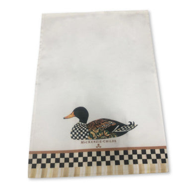 White cotton dish towel featuring a mallard duck illustration and a black and white checkered border.