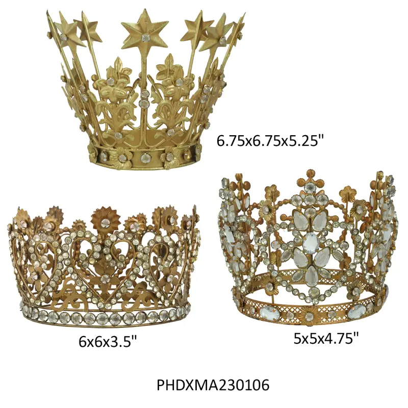 Set of three ornate, gold-finished bejeweled King's Crowns with star and floral details.