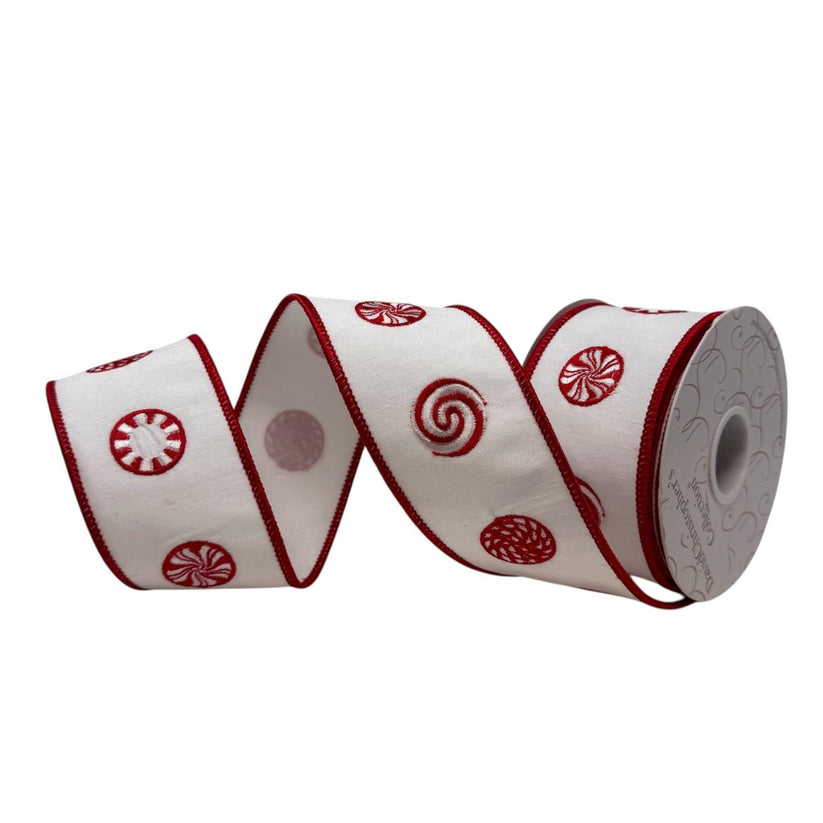 Red and white peppermint candy ribbon with faux dupioni texture