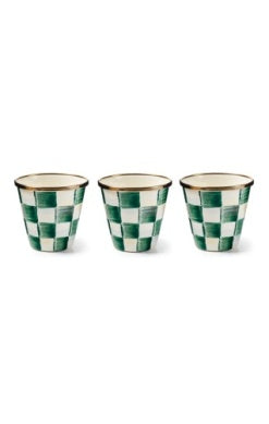 Three emerald green and white checkered herb pots with gold rims.