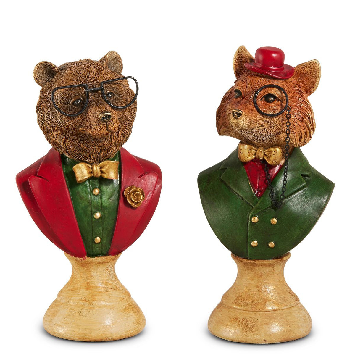 Two 8-inch resin animal busts, a bear and a fox, wearing formal suits, bow ties, and eyewear.