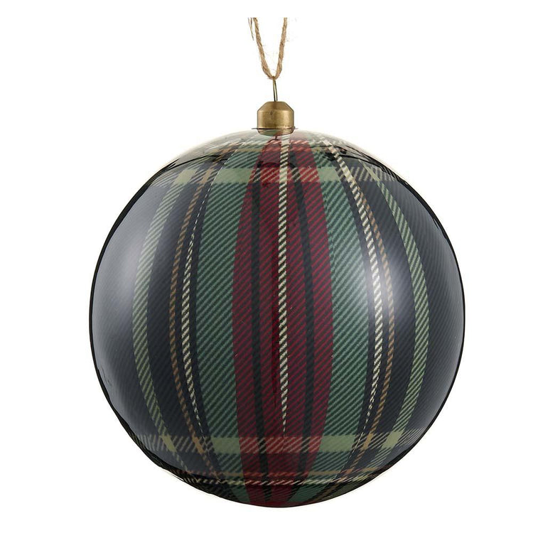 Plaid plastic ball ornament with red, green, and black tartan pattern and gold hanging cap.