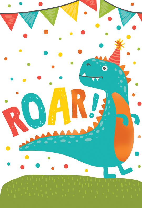 Turquoise dinosaur wearing a party hat, with "ROAR!" text and confetti, on a green grassy hill.