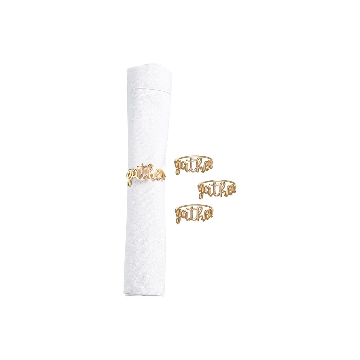 Gold zinc alloy napkin ring with a gathered fabric loop design.