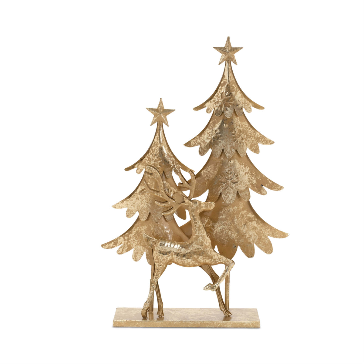 Gold metal Christmas decoration featuring two tiered trees with stars and a leaping reindeer.