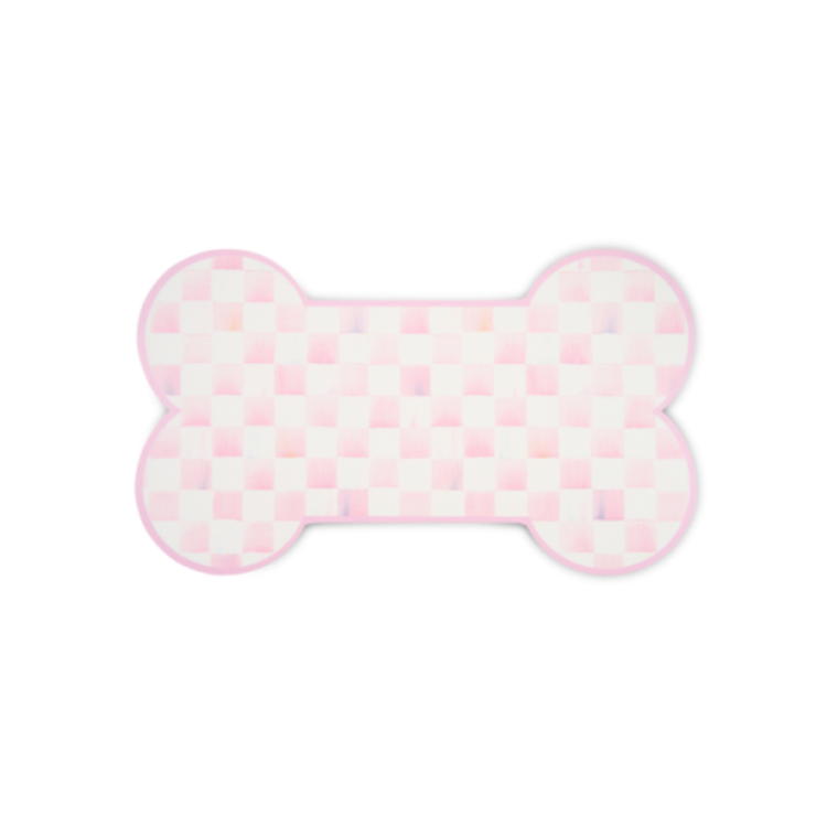 Bone-shaped placemat with a pink and white watercolor checkered pattern and a pink border.