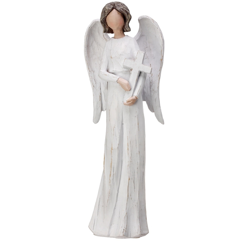 White resin angel figurine with brown distressing holding a cross